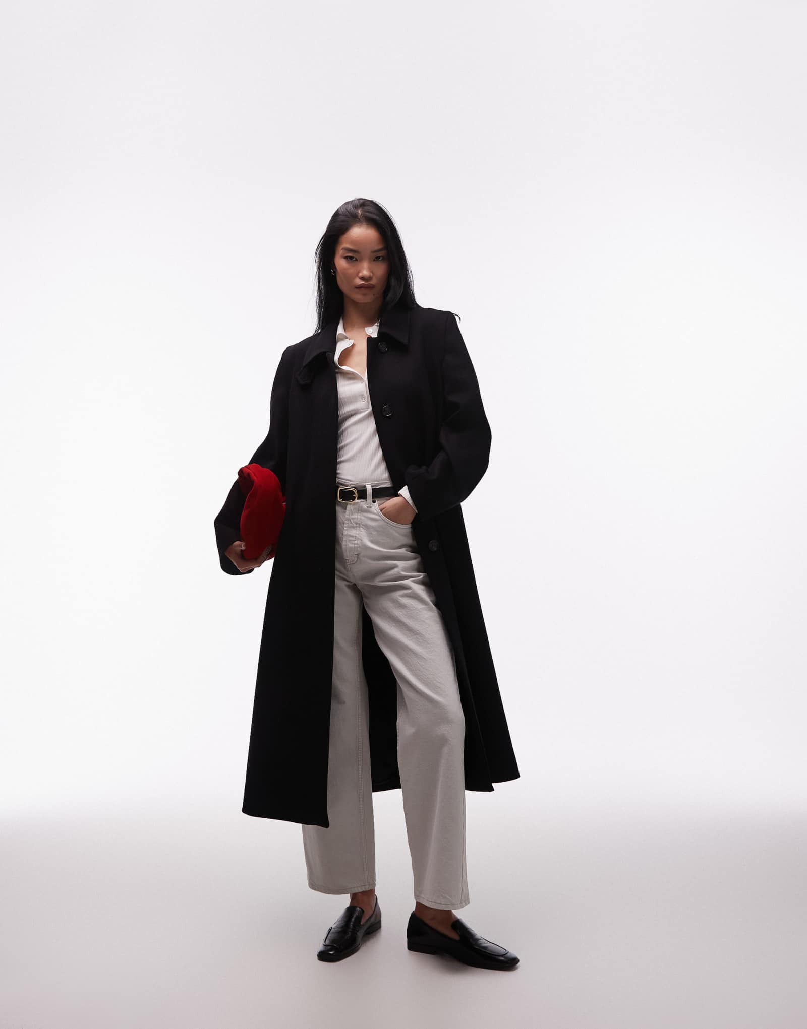 Макси-пальто из смеси шерсти &Other Stories черного цвета с пряжкой из искусственной кожи