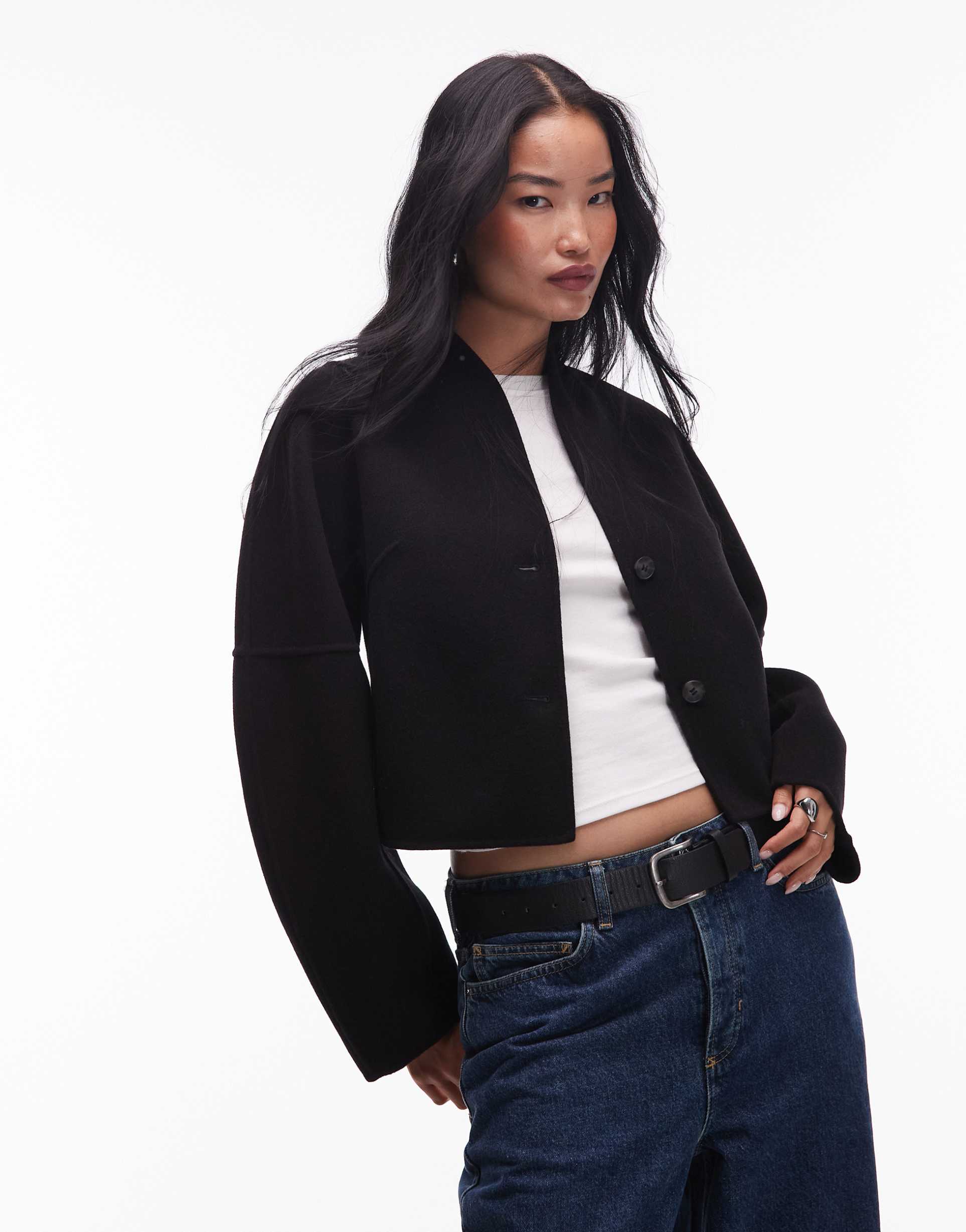 & other stories wool blend mock neck jacket in black