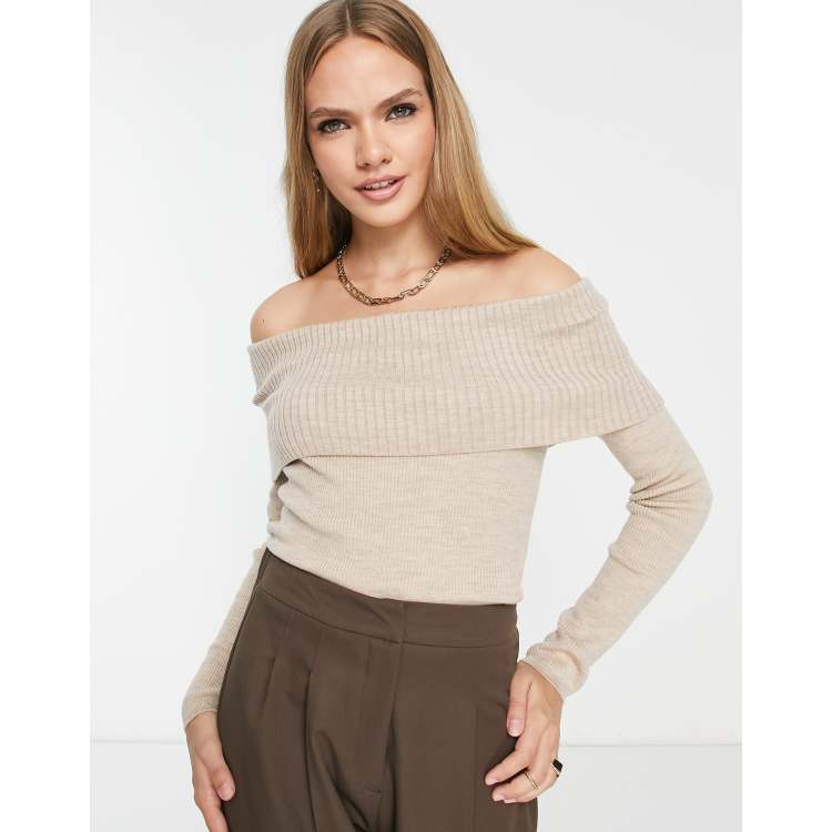 Other Stories wool blend off the shoulder knitted jumper in mole