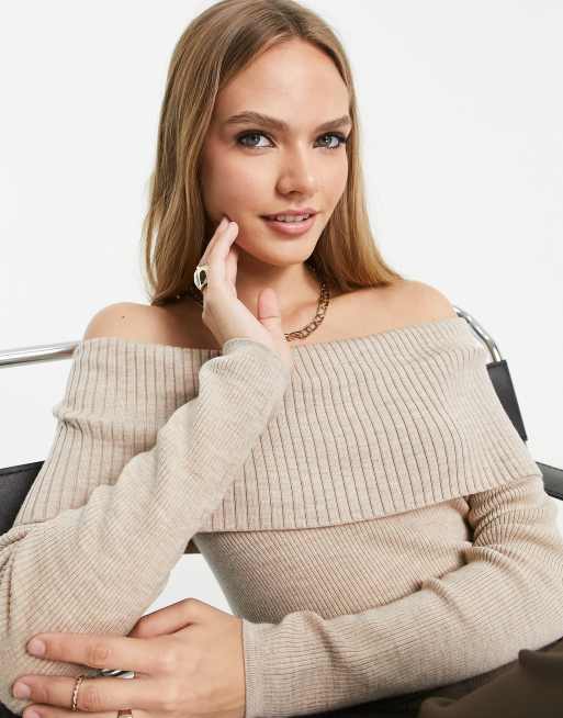 Other Stories wool blend off the shoulder knitted jumper in mole