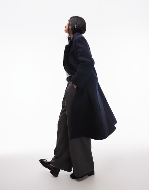 & Other Stories wool blend oversized midi length coat with asymmetric button detail in navy blue - view 1