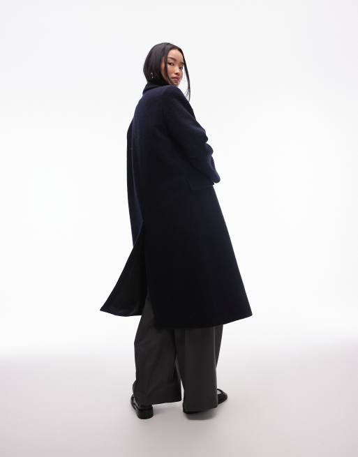 & Other Stories wool blend oversized midi length coat with asymmetric button detail in navy blue, 4 of 4
