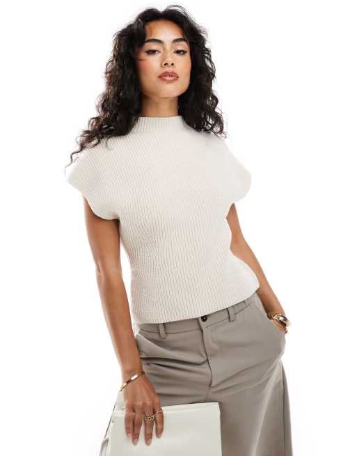 & Other Stories wool blend ribbed knit tank top with dropped armholes and fitted waist detail  in off white