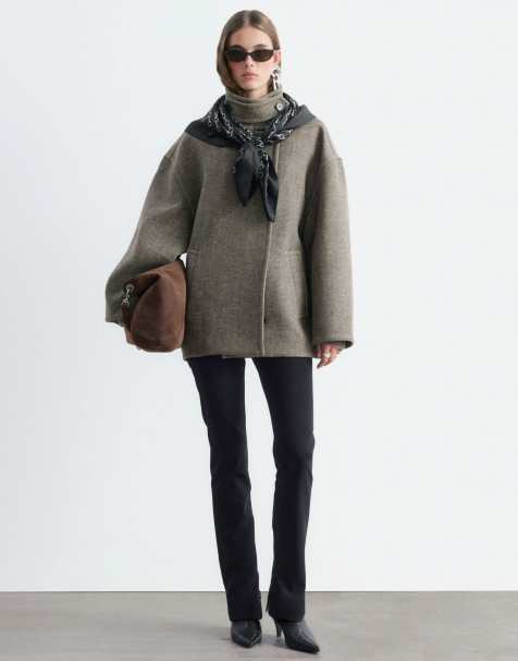 & Other Stories wool blend short funnel neck jacket in olive herringbone - view 1
