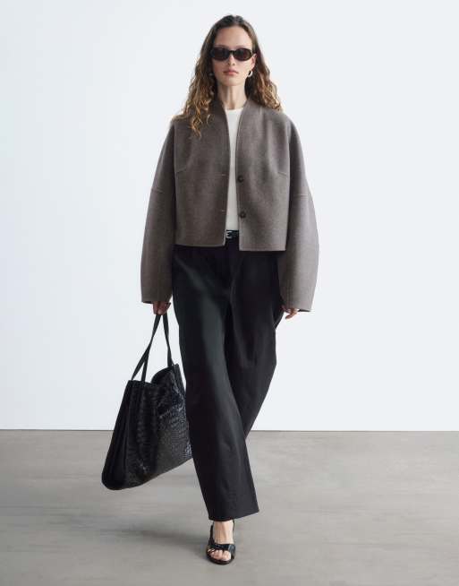 & Other Stories wool blend  short jacket with stand collar in mole brown, 2 of 4