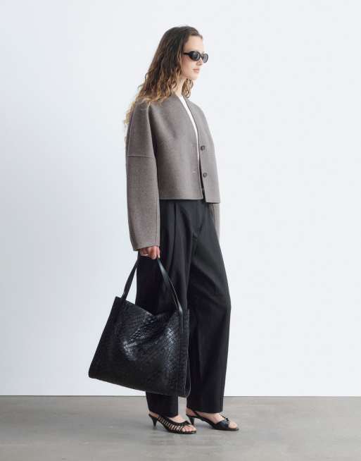 & Other Stories wool blend  short jacket with stand collar in mole brown, 3 of 4