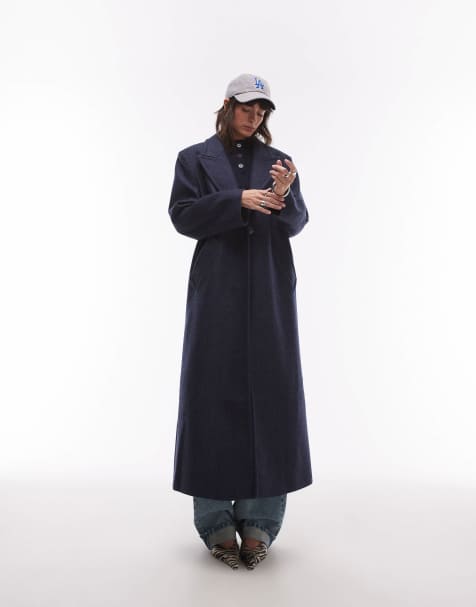 & Other Stories wool blend single breasted maxi coat in navy and white herringbone - view 1