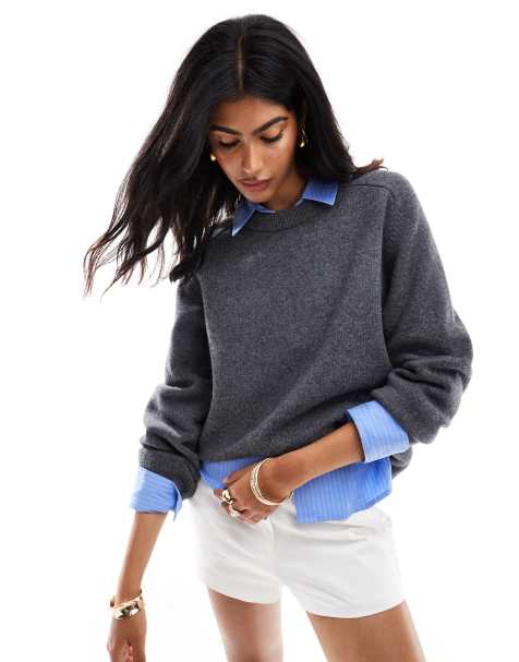 & Other Stories wool blend sweater with pleated sculptural sleeve in dark grey - view 1
