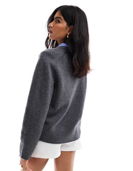& Other Stories wool blend sweater with pleated sculptural sleeve in dark grey, 4 of 4
