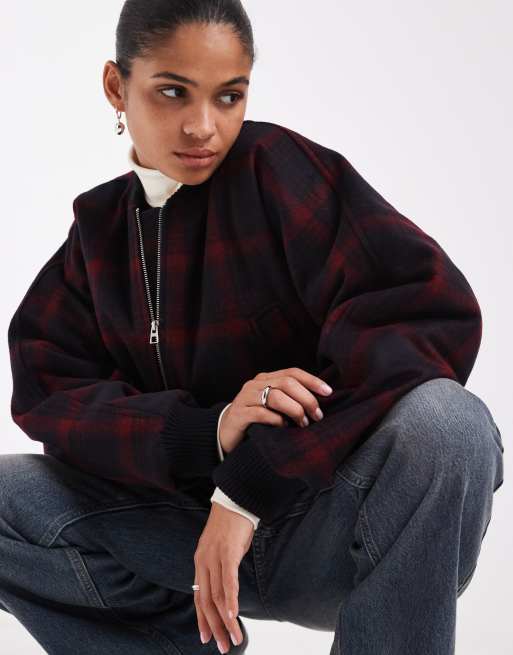 & Other Stories wool blend tartan check bomber in blue, 4 of 4