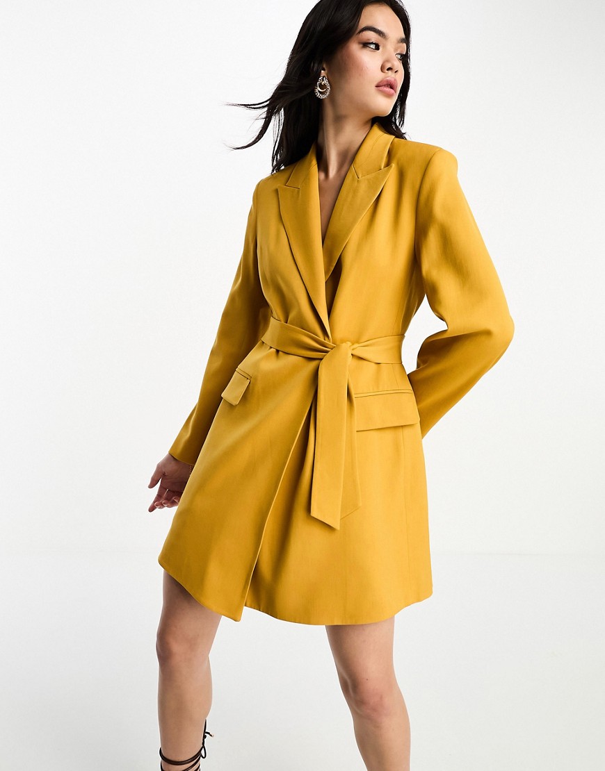 & Other Stories wool blend tie waist blazer mini dress in mustard-Yellow