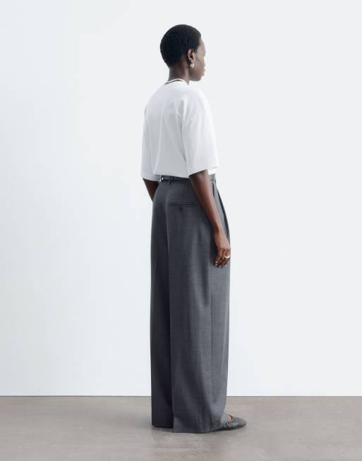 & Other Stories wool blend wide leg tailored pants in charcoal grey , 4 of 5