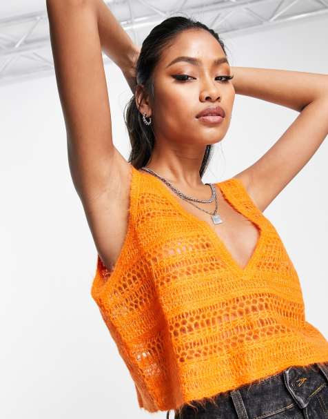 Orange Women's Knitted Vest with Stand-up Collar