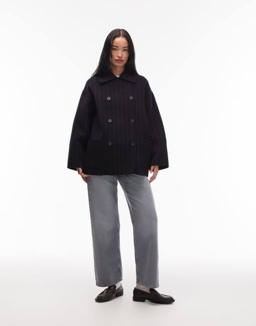 & Other Stories wool double breasted cropped coat in navy pin stripe, 3 of 4
