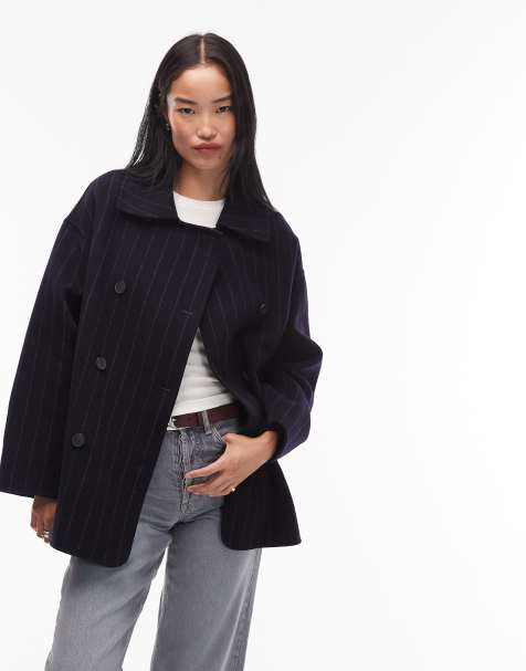 & Other Stories wool double breasted cropped coat&nbsp;in navy pin stripe - view 1
