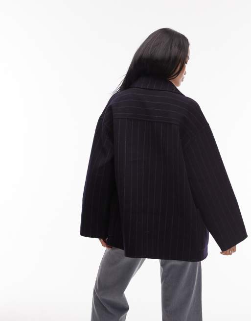 & Other Stories wool double breasted cropped coat&nbsp;in navy pin stripe, 2 of 4