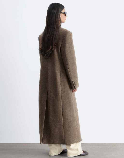 & Other Stories wool double breasted maxi coat with bold shoulder details in beige houndstooth, 2 of 4