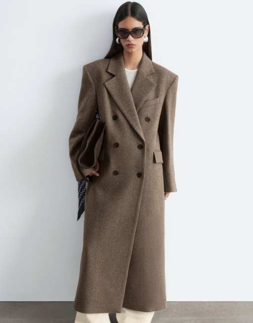 & Other Stories wool double breasted maxi coat with bold shoulder details in beige houndstooth, 3 of 4