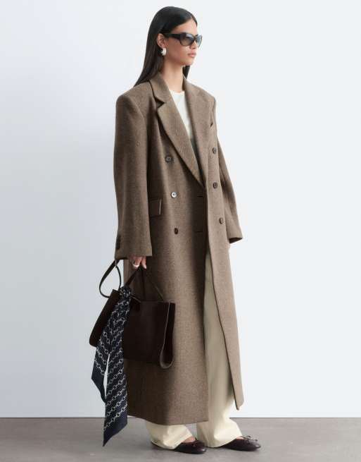 & Other Stories wool double breasted maxi coat with bold shoulder details in beige houndstooth, 4 of 4
