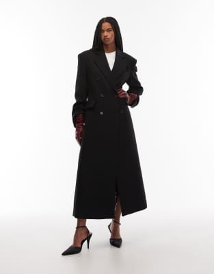 & Other Stories Wool Double Breasted Maxi Coat With Bold Shoulder Details In Black