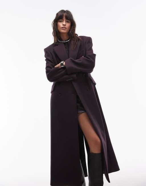 Other Stories wool double breasted maxi coat with bold shoulder details in burgundy