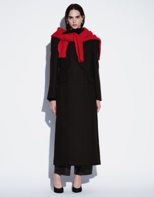 & Other Stories Wool Double Breasted Maxi Coat With Bold Shoulder Details In Brown