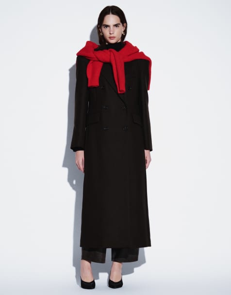 & Other Stories wool double breasted maxi coat with bold shoulder details in chocolate brown - view 1