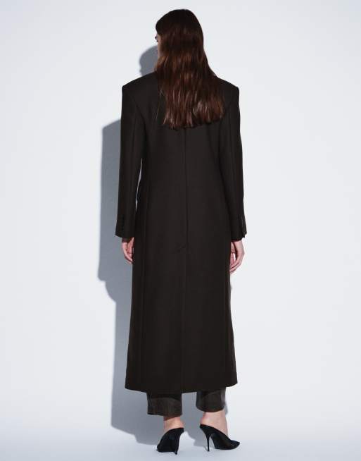 & Other Stories wool double breasted maxi coat with bold shoulder details in chocolate brown, 3 of 4