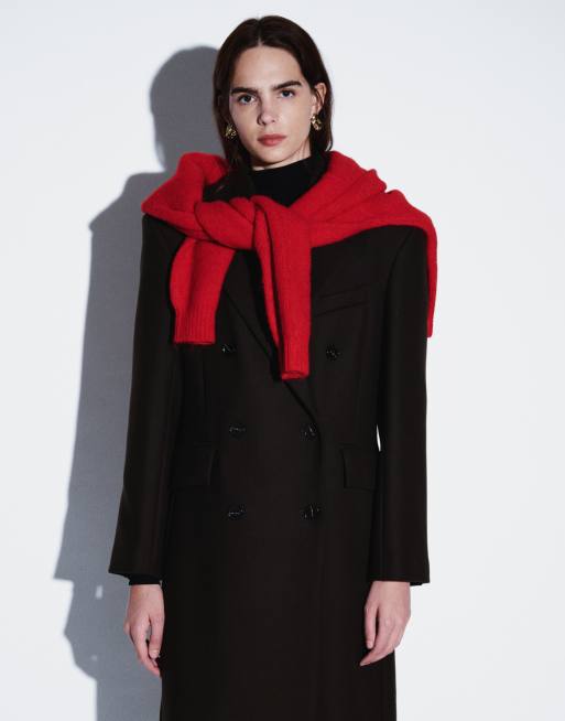 & Other Stories wool double breasted maxi coat with bold shoulder details in chocolate brown, 4 of 4