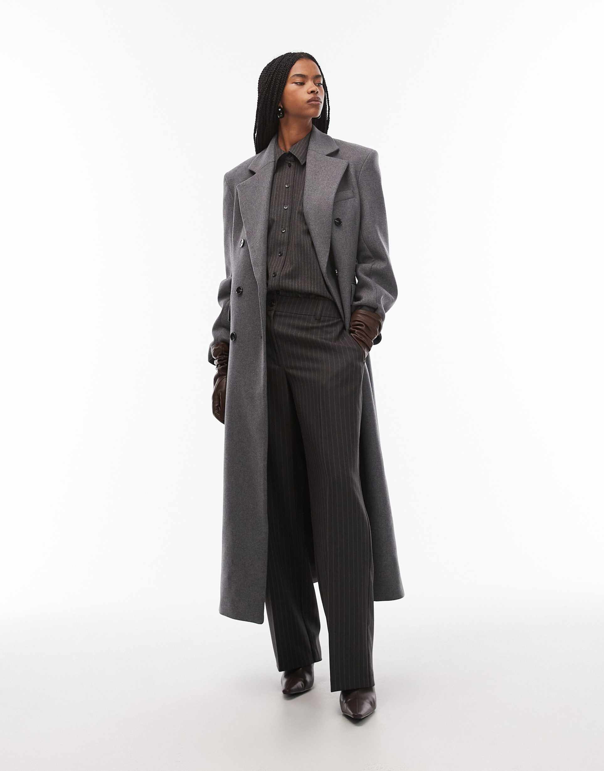 & other stories wool double breasted maxi coat with bold shoulder details in gray