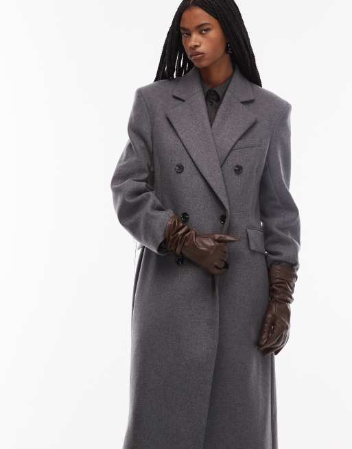 & Other Stories wool double breasted maxi coat with bold shoulder details in gray