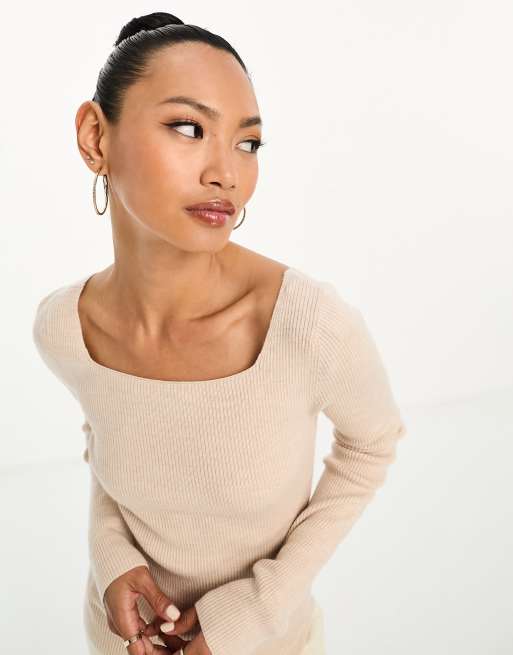  Other Stories wool fitted knitted jumper with square neckline in beige  melange