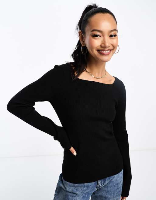 Other Stories wool fitted knitted jumper with square neckline in black