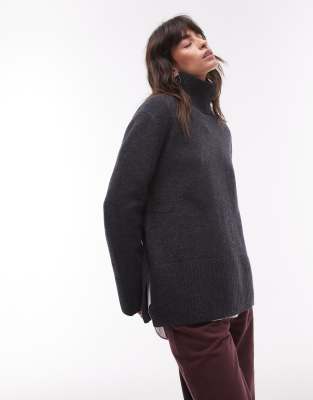 & Other Stories wool high neck oversize sweater in dark gray-Black