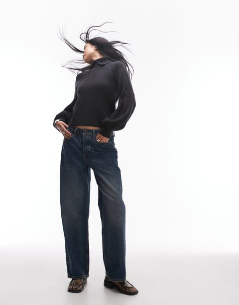& Other Stories wool jumper with high collar and raglan volume sleeves in dark grey melange - view 1