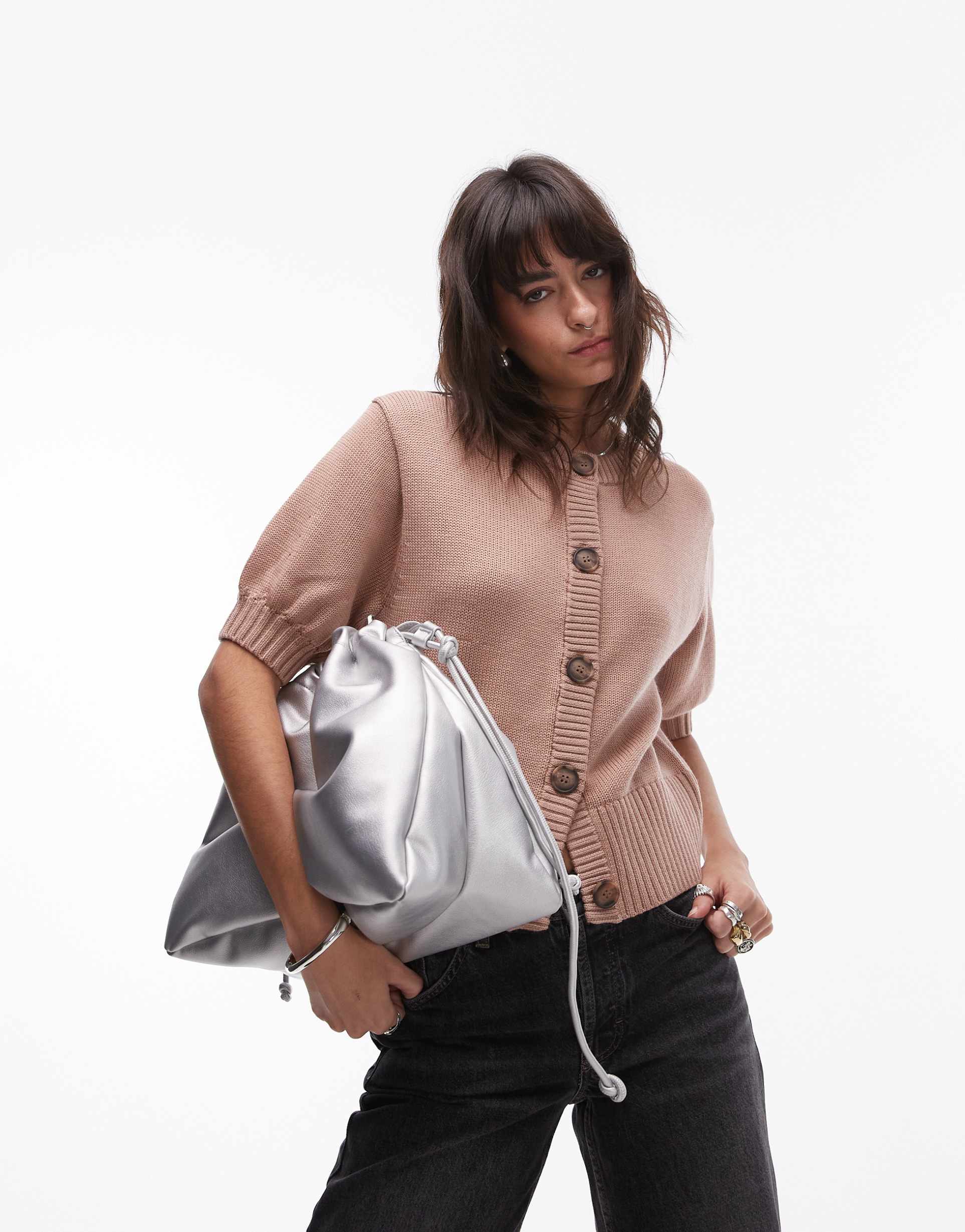 & other stories wool knit cardigan with puff short sleeves in soft beige