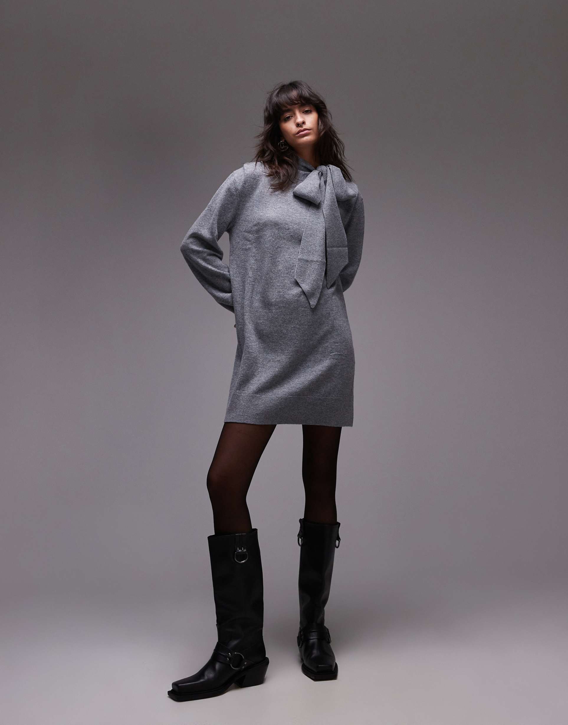 & other stories wool knit mini dress with bow scarf detail in gray