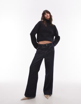 Shop Other Stories Wool Knit Ribbed Funnel Neck Sweater With Split Back Neck And Volume Sleeves In Blue