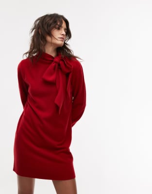 & Other Stories & Other Stories wool knitted mini dress with bow scarf detail in dark red