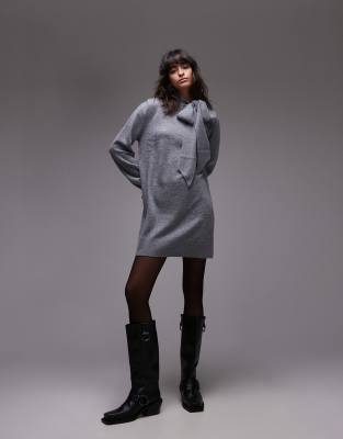 & Other Stories & Other Stories wool knitted mini dress with bow scarf detail in grey