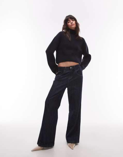 & Other Stories wool knitted rib funnel neck sweater with split back neck and volume sleeves in dark blue - view 1