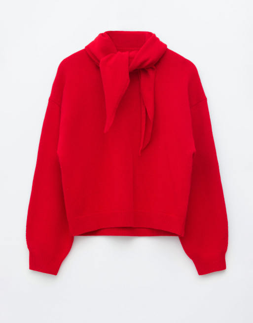 & Other Stories wool long sleeve scarf neck sweater in bright red, 4 of 4