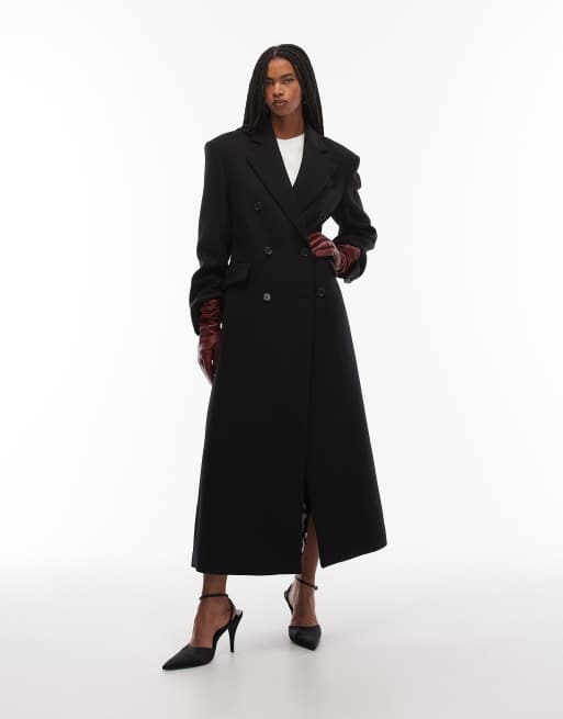 & Other Stories wool look double breasted maxi coat with bold shoulder details in black