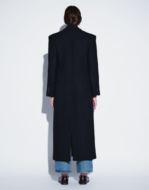 & Other Stories wool look double breasted maxi coat with bold shoulder details in black, 3 of 4