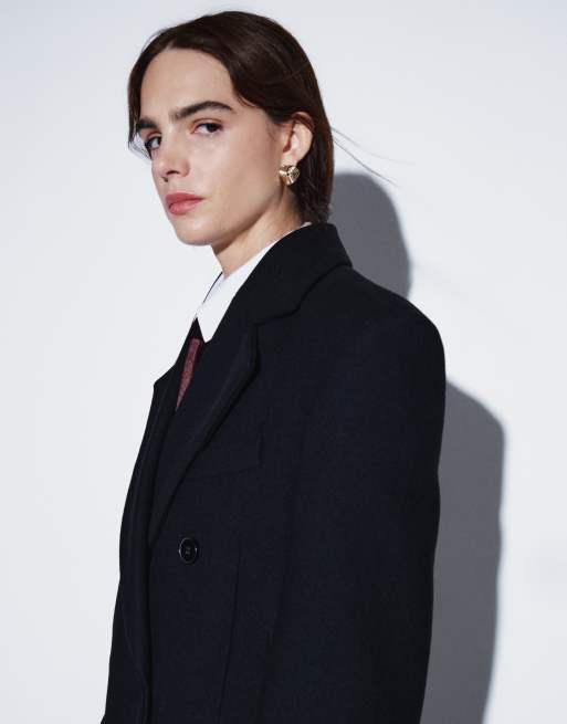 & Other Stories wool look double breasted maxi coat with bold shoulder details in black, 4 of 4