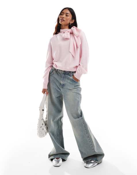 & Other Stories wool look jumper with bow scarf detail in pink - view 1