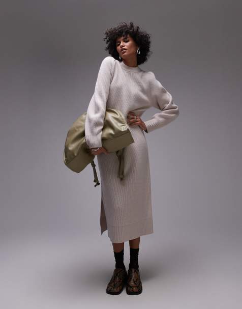 & Other Stories wool midaxi dress with puff sleeves in light beige - view 1