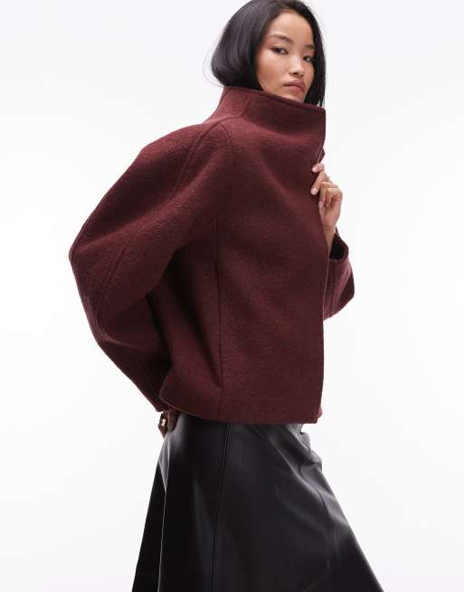 & Other Stories wool mock neck short jacket in burgundy dark red