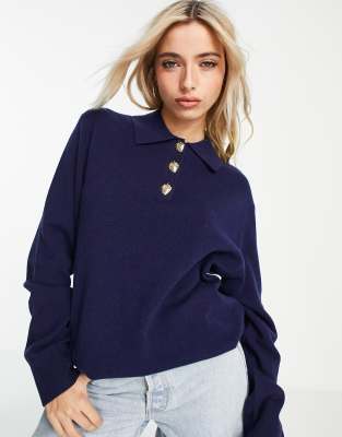 u0026 Other Stories wool polo neck sweater with strawberry buttons in navy -  NAVY | ASOS