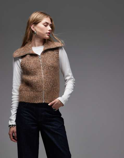 & Other Stories wool rich and mohair funnel neck chunky knit zip up vest in multi brown - view 1